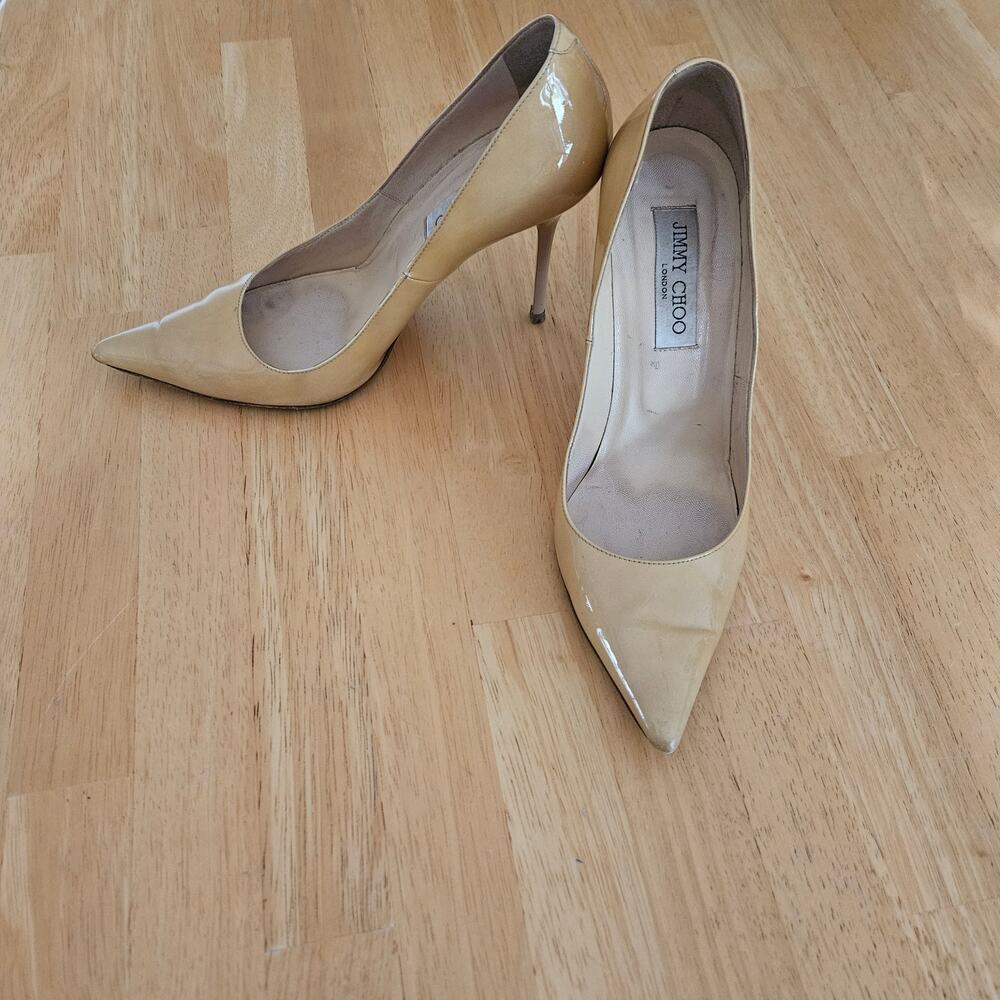 Jimmy Choo Patent‎ Leather Heels Camel Sz 38.5 Flaws